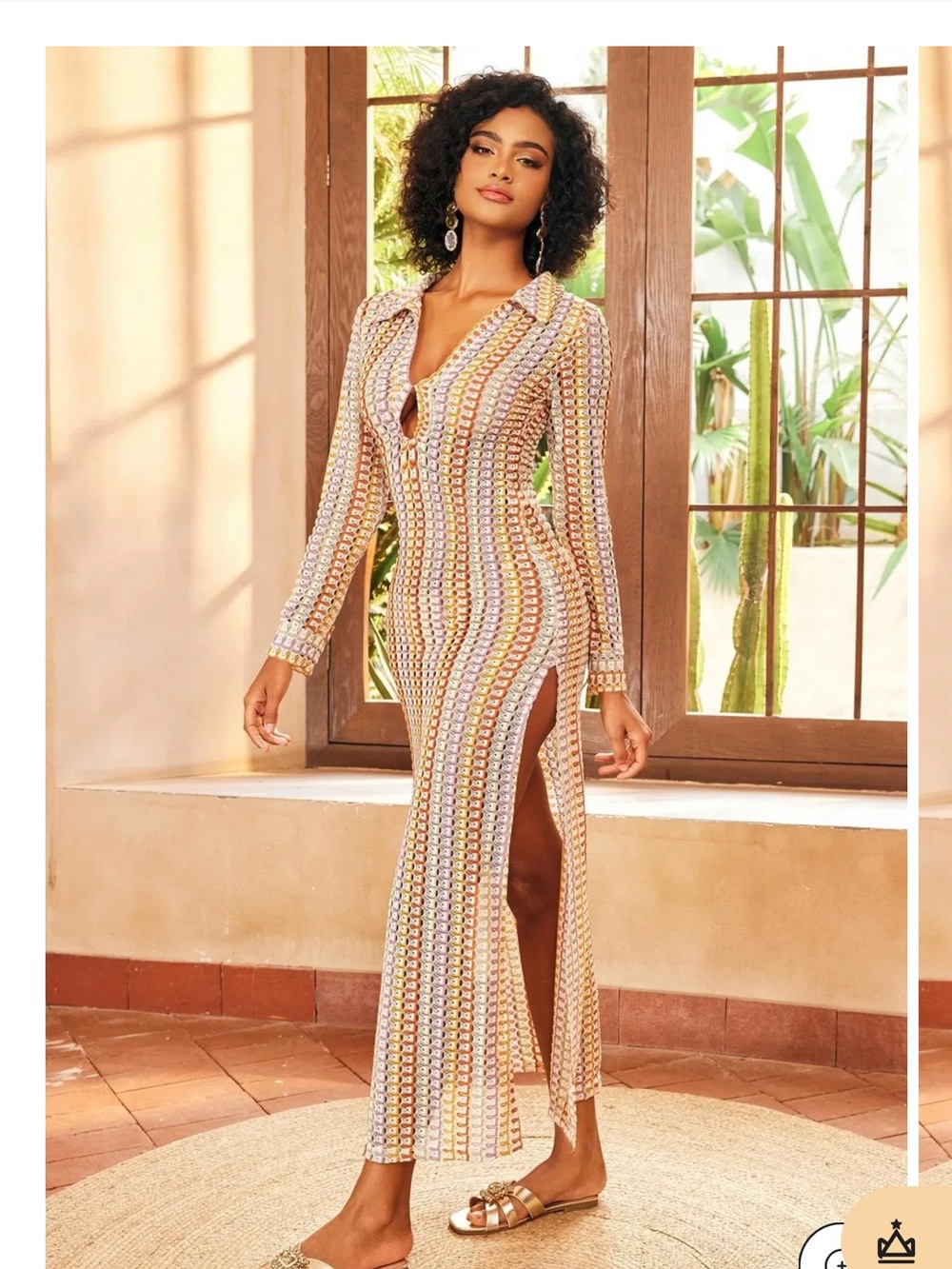 Sunfere Rust Patterned Long Sleeve Maxi Dress swimsuit cover
